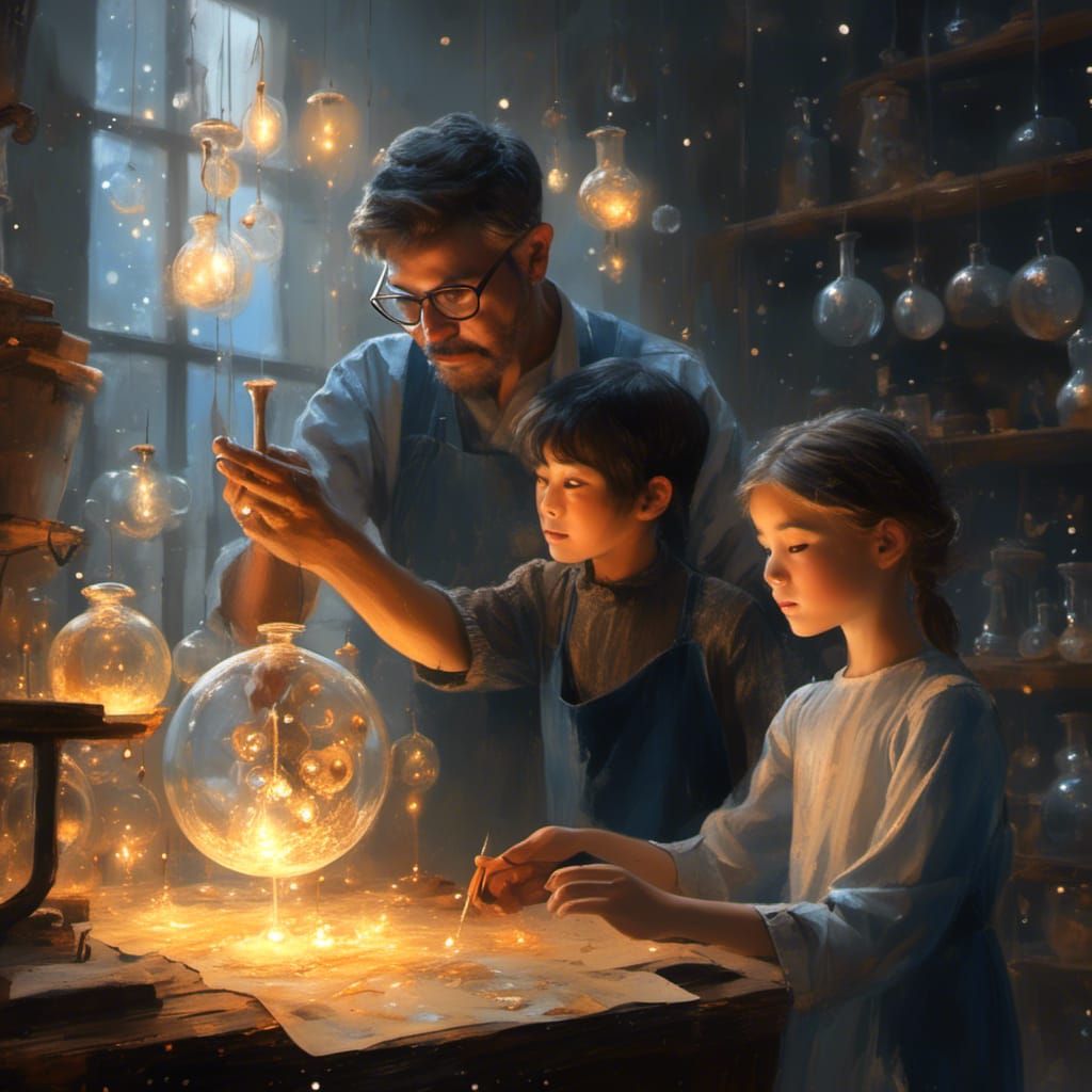 teacher showing to his apprentice how to make a chemical mag...