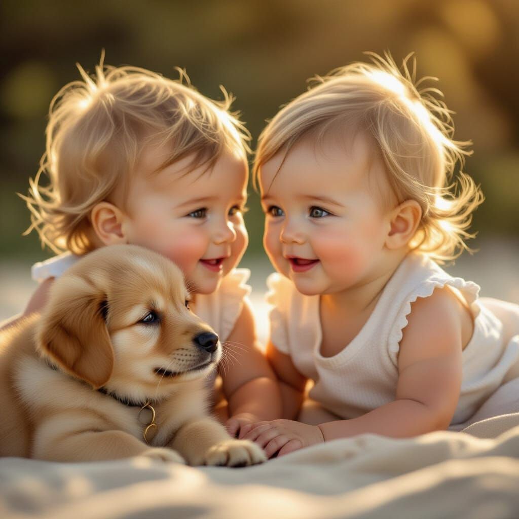 Golden Retriever Puppy Plays With Twin Babies