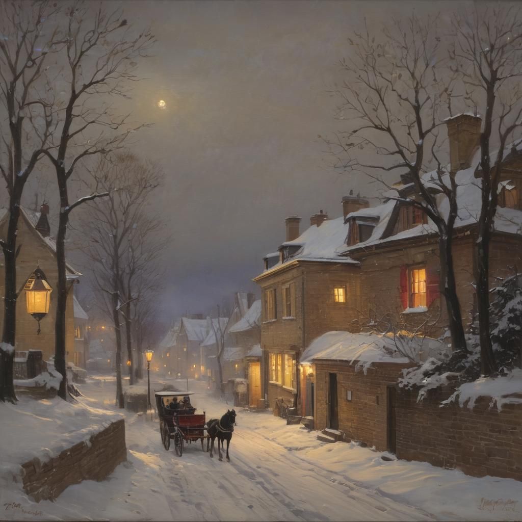 Peinture à l'huile de James Gurney. Plan moyen. Père Noël victorien la nuit de Noël sous la neige qui tombe, devant une ville victorienne av...