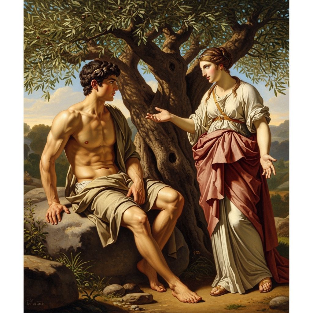 Theseus listens to mother Aethra atop a large boulder