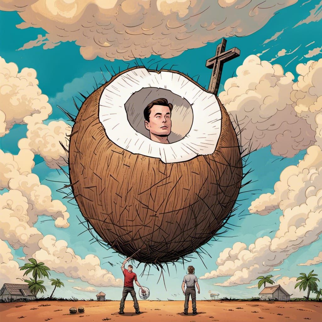 Clouds in the sky. Giant coconut floating and Elon Musk. X