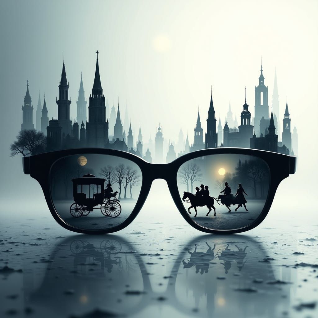 <lora:inlaid:1.0> The outline of a sunglasses consists of a panorama of the night gothic city with a carriage. Outside the outline there is ...