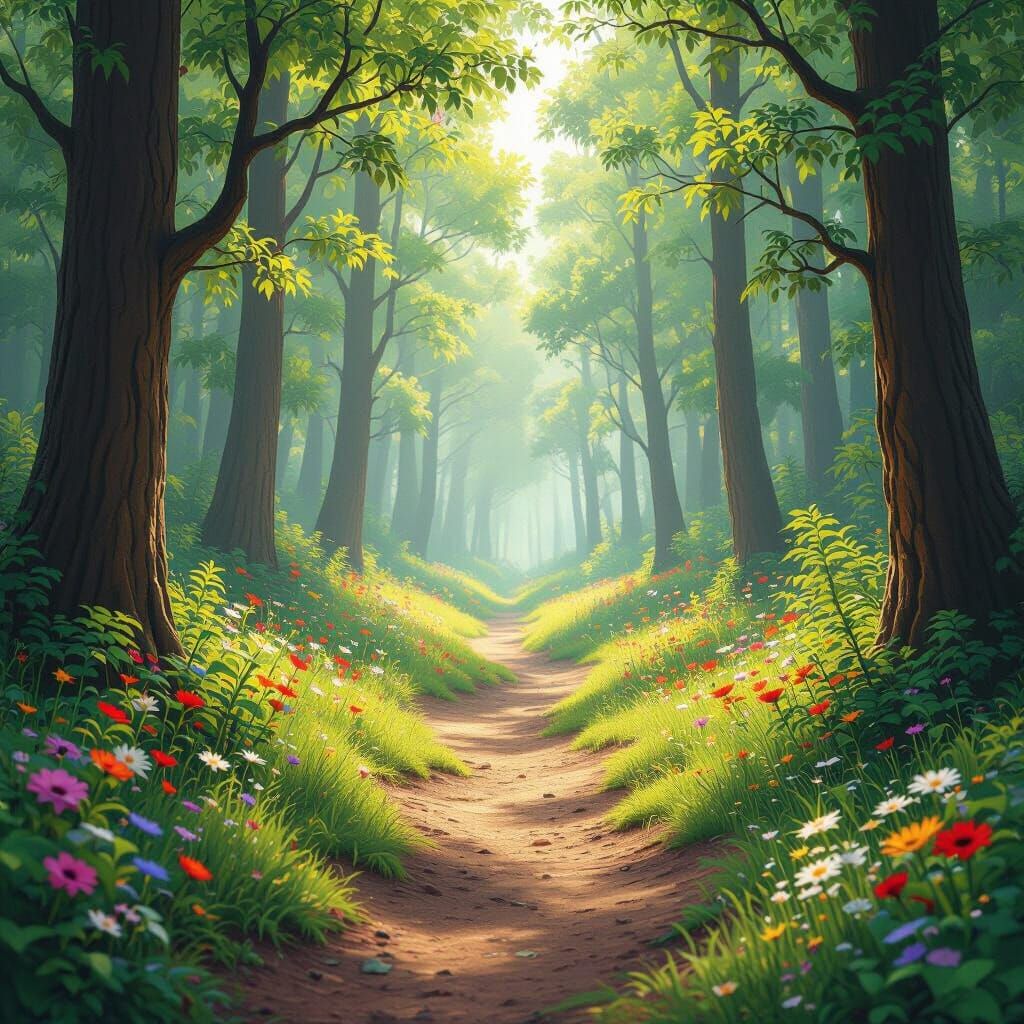 a gentle and welcoming forest path, long scroll background  at least 2560px or 5120px with slight animation


