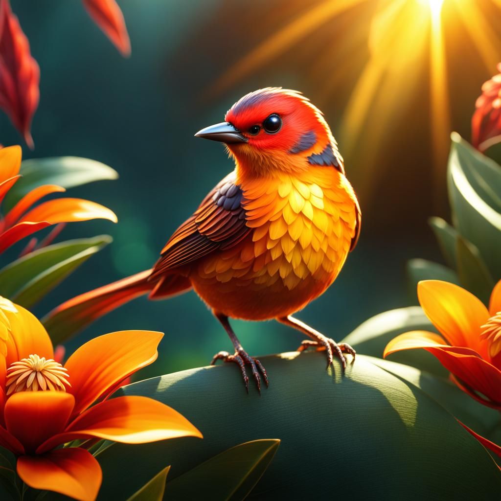 Crystal Bird with Jamaican Flowers in Detailed Matte Paintin...
