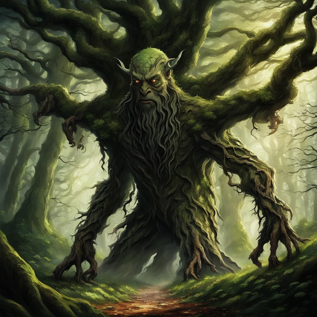 An Ent, a tree creature with arms and legs, walking through ...