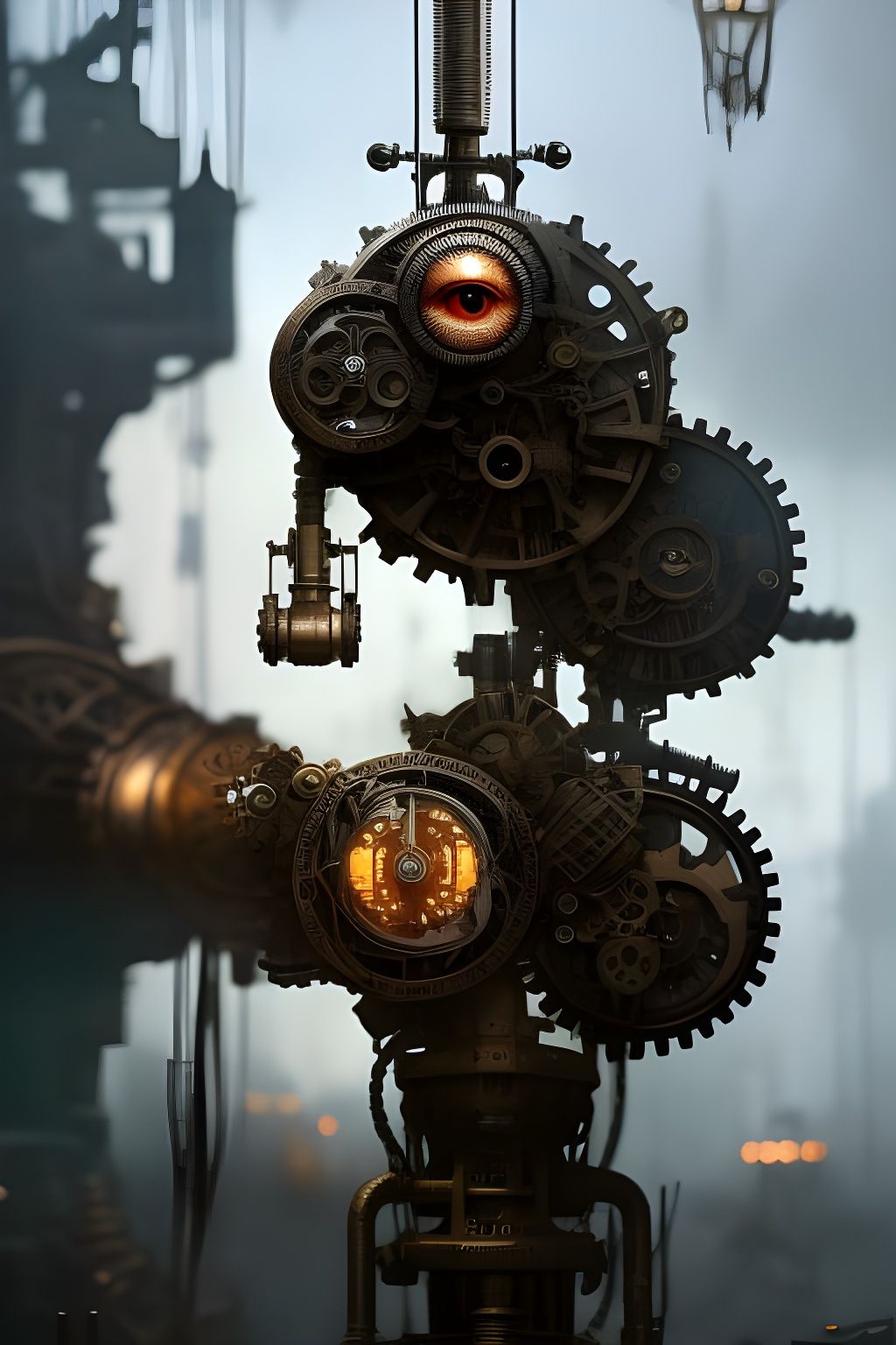 Insanely detailed photograph of Steampunk mechanical gears one eye metal robot intricate details swirls lights amazing g...