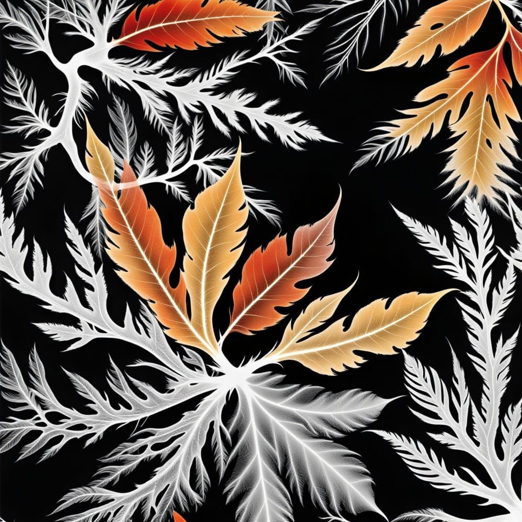 <lora:Autumn Graphic:1.0> Rayograph Photogram bright leaves of autumn