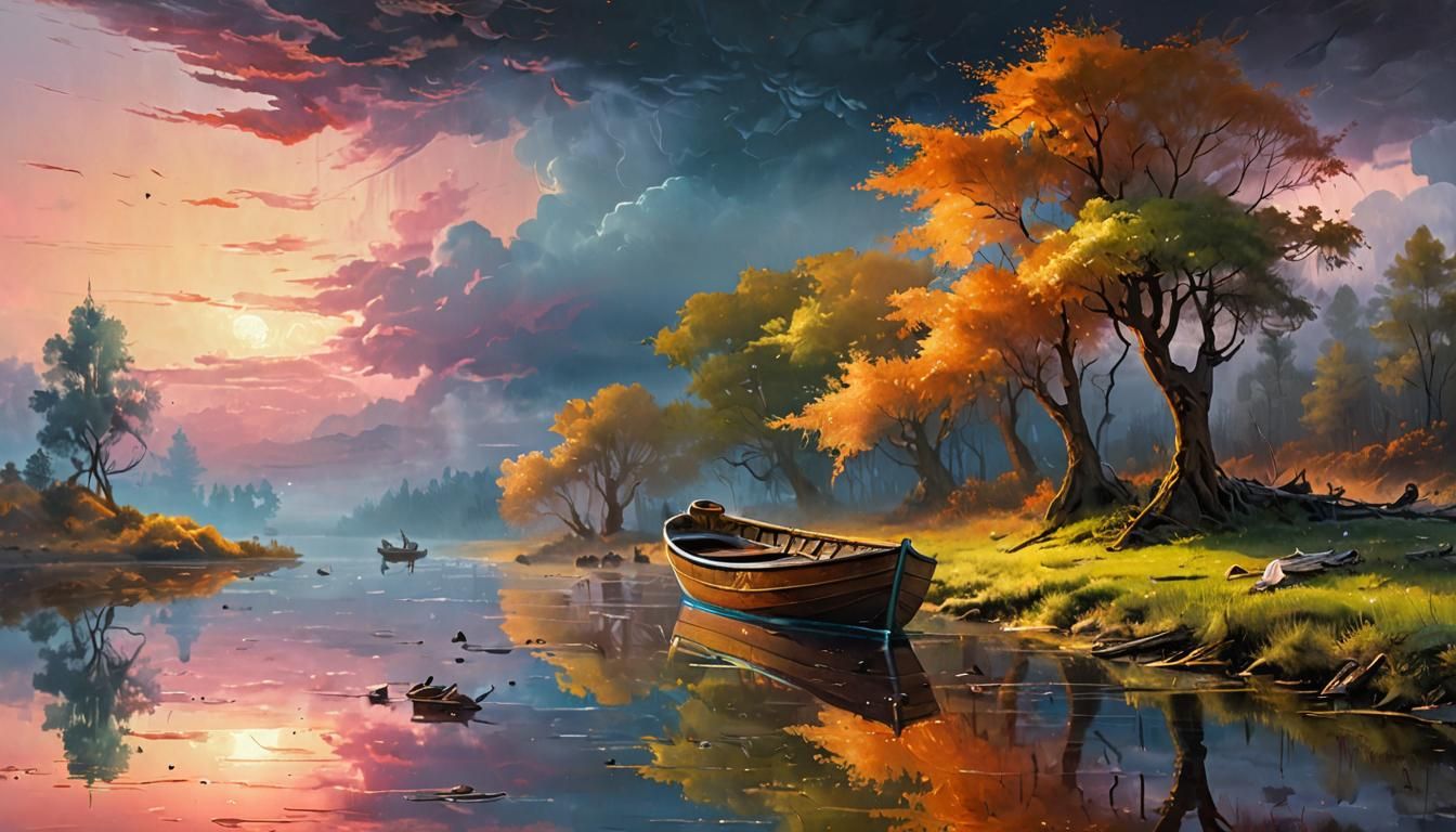 A boat on a vibrant lake ¹