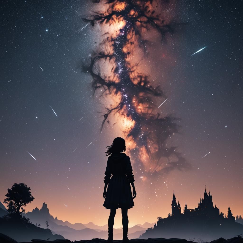 Girl Silhouette Against Starry Sky: Fantasy Concept Art