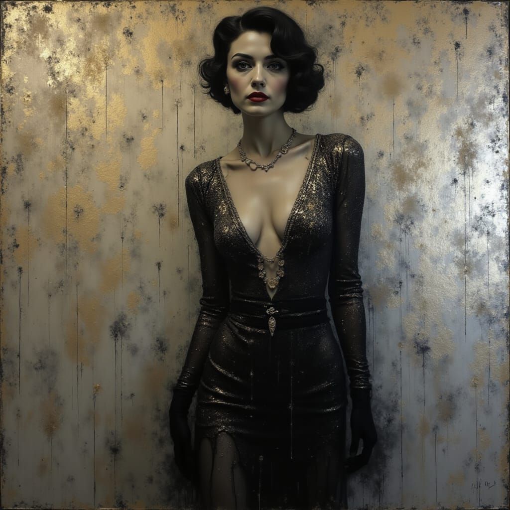 Insubstantial languid transparent Hollywood glamour ghost, Maureen O'Sullivan, Art Deco, Skewed and fragmented Dynamic negative decadent, el...