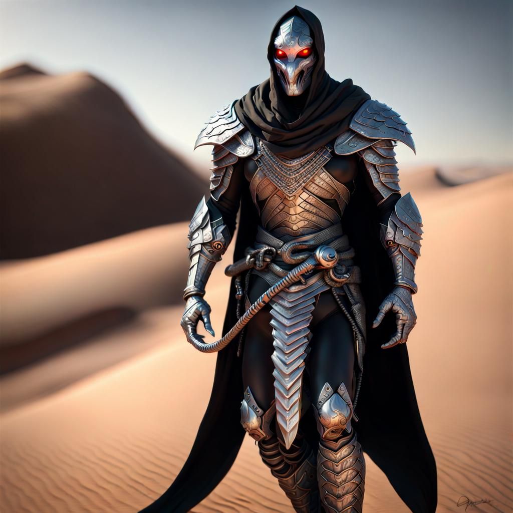 Snake Person, Old Silver And Black Armour, Cape 16k Resolution, Walking 