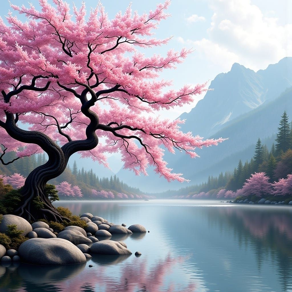 A beautiful ancient sakura tree in front of a lake. Mountains and Japanese temples in the background. <lora:Beautiful Horrors:1.0> 