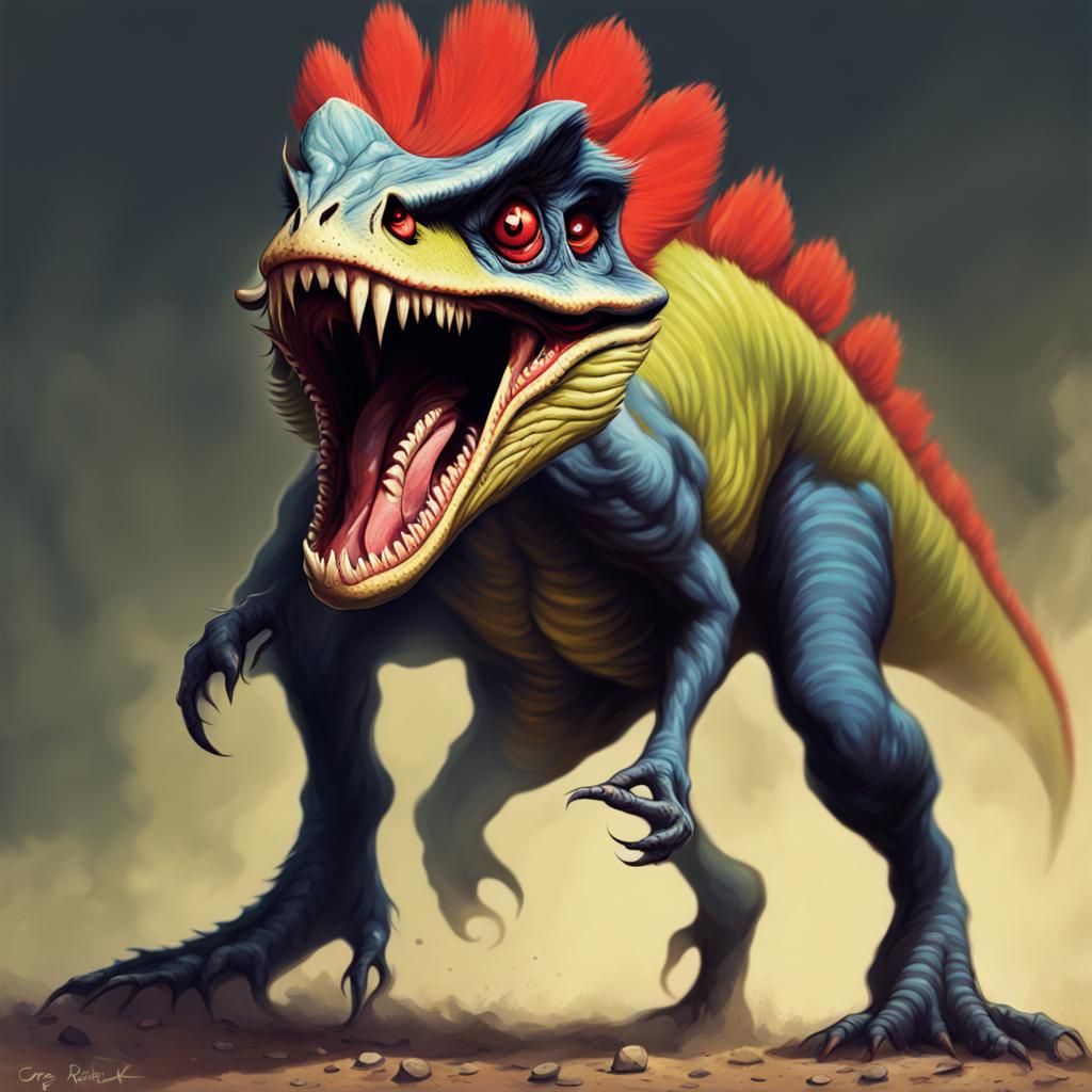 An angry Dilophosaurus spitting vibrant venom. (Sinister)