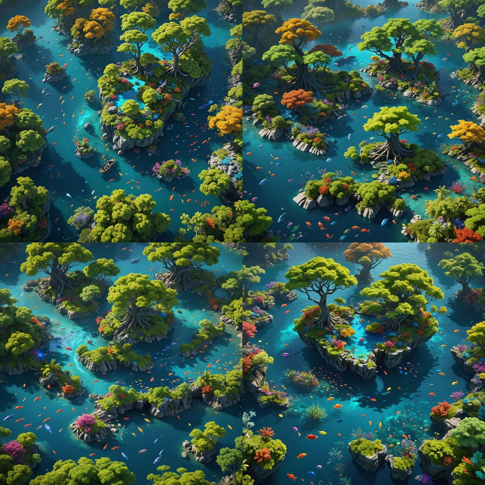 Island with many tree and colour ful fish playing around in ...