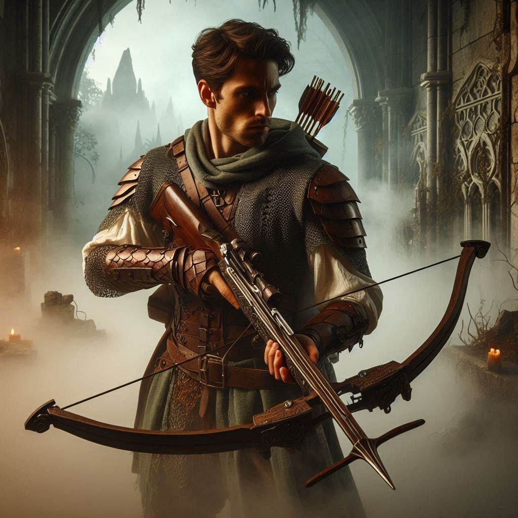 a human male fighter standing in a fog-shrouded ruin