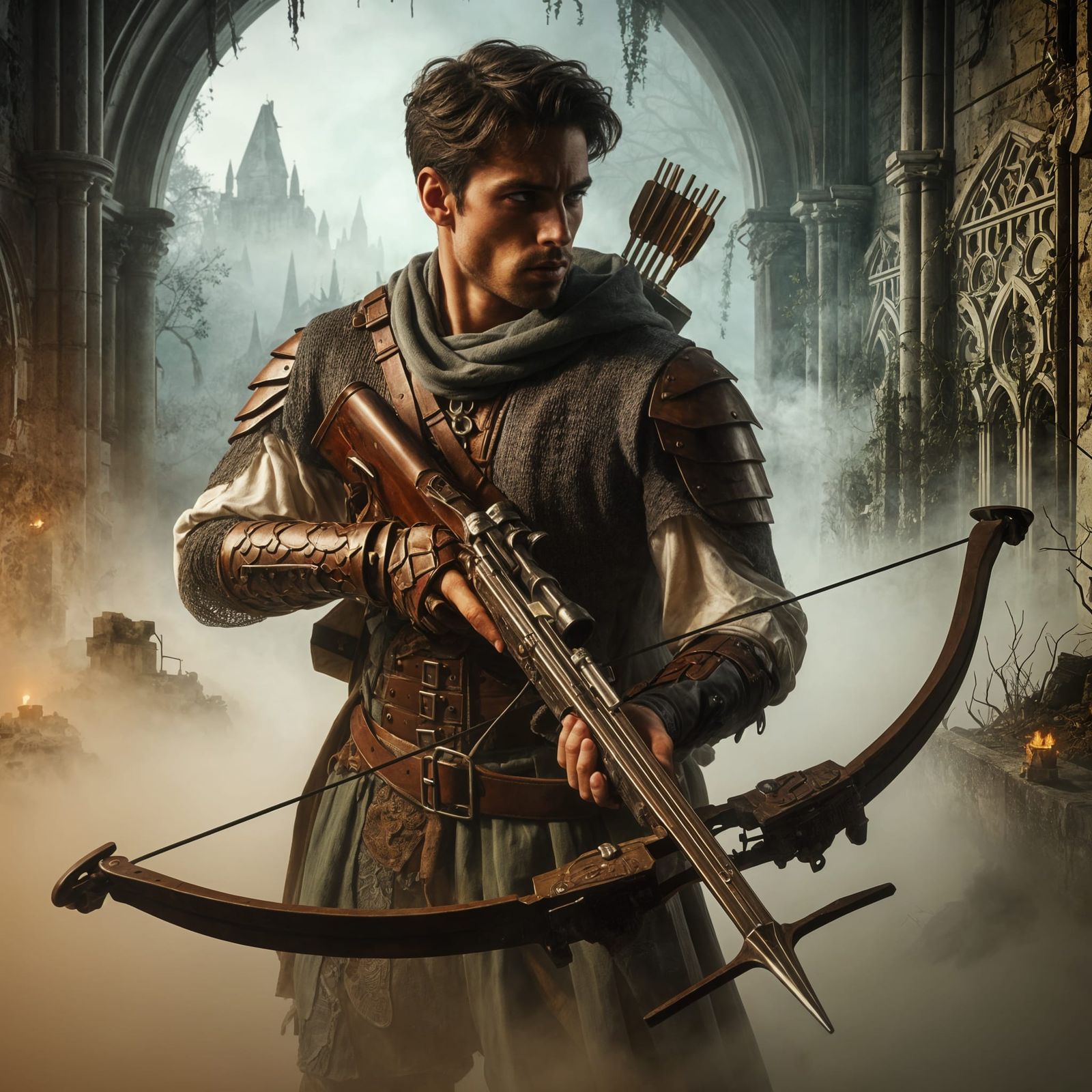 a human male fighter standing in a fog-shrouded ruin