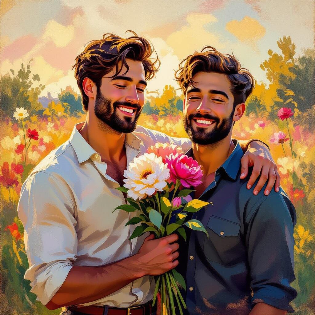 Handsome Man Holds Beautiful Flower in Golden Hour