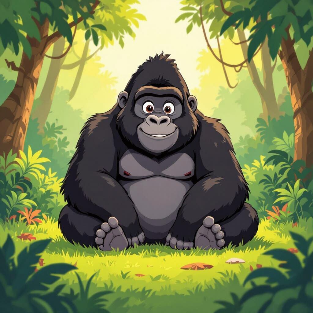 Friendly Black Gorilla in Lush Jungle Clearing