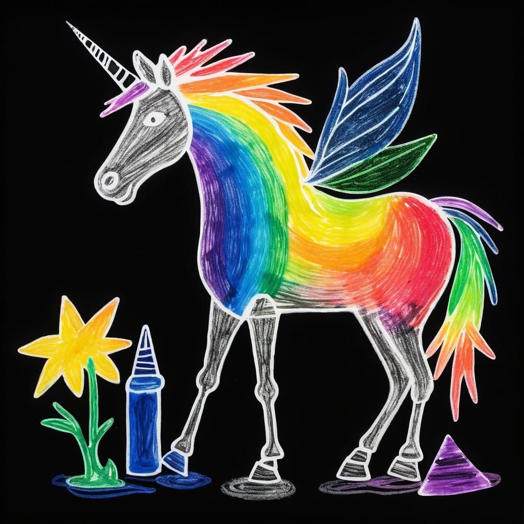 Kids Crayon drawings ,surreal  friendly unicorn , child's dr...