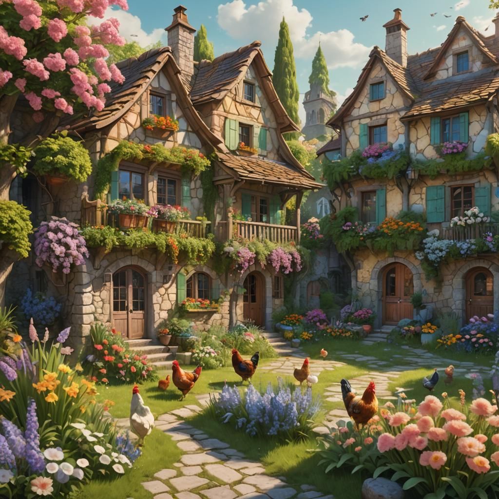 Country houses with beautiful gardens next to the house on the street where chickens and chicks roam  by @HBA123