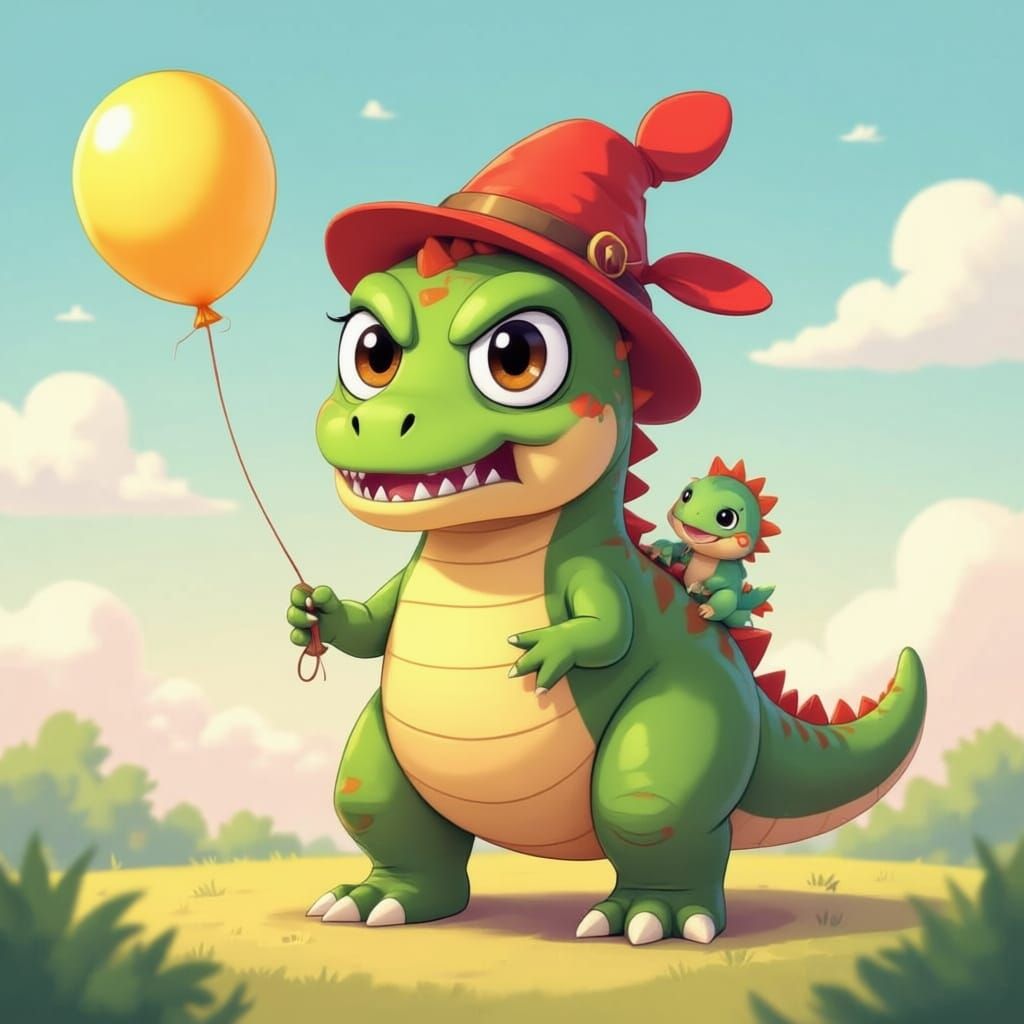 Chibi dinosaur with a propeller hat and a yellow balloon with baby dinosaurs riding on his back and the big dinosaur with a annoyed expresio...