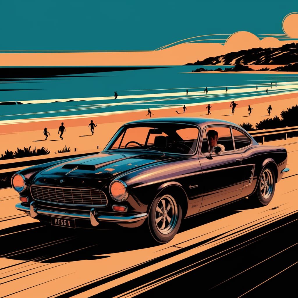 Classic Car on Coastal Road with Beach View