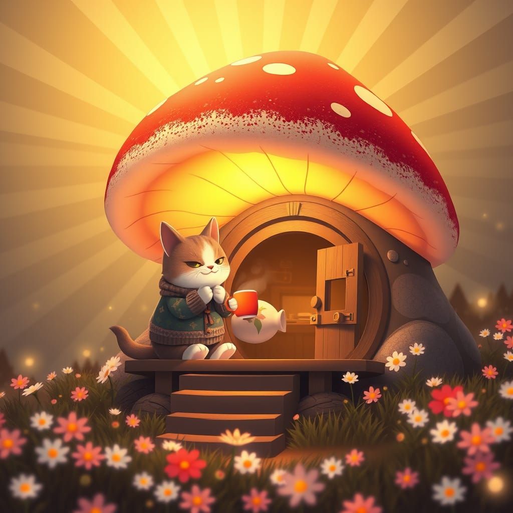 Cozy Cat Tea Party in Mushroom Home