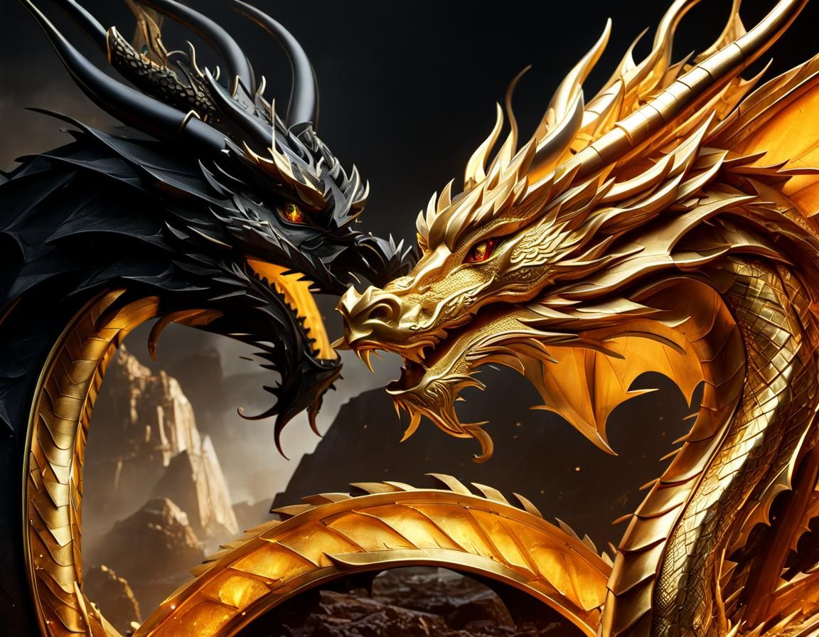 golden dragon facing an onyx dragon  by @ADD Hoarding Procrastinator