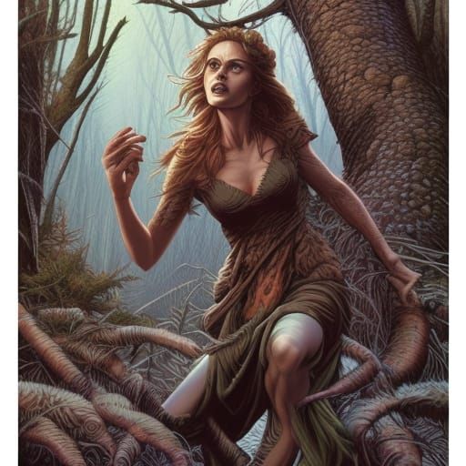 wild woman in ancient forest