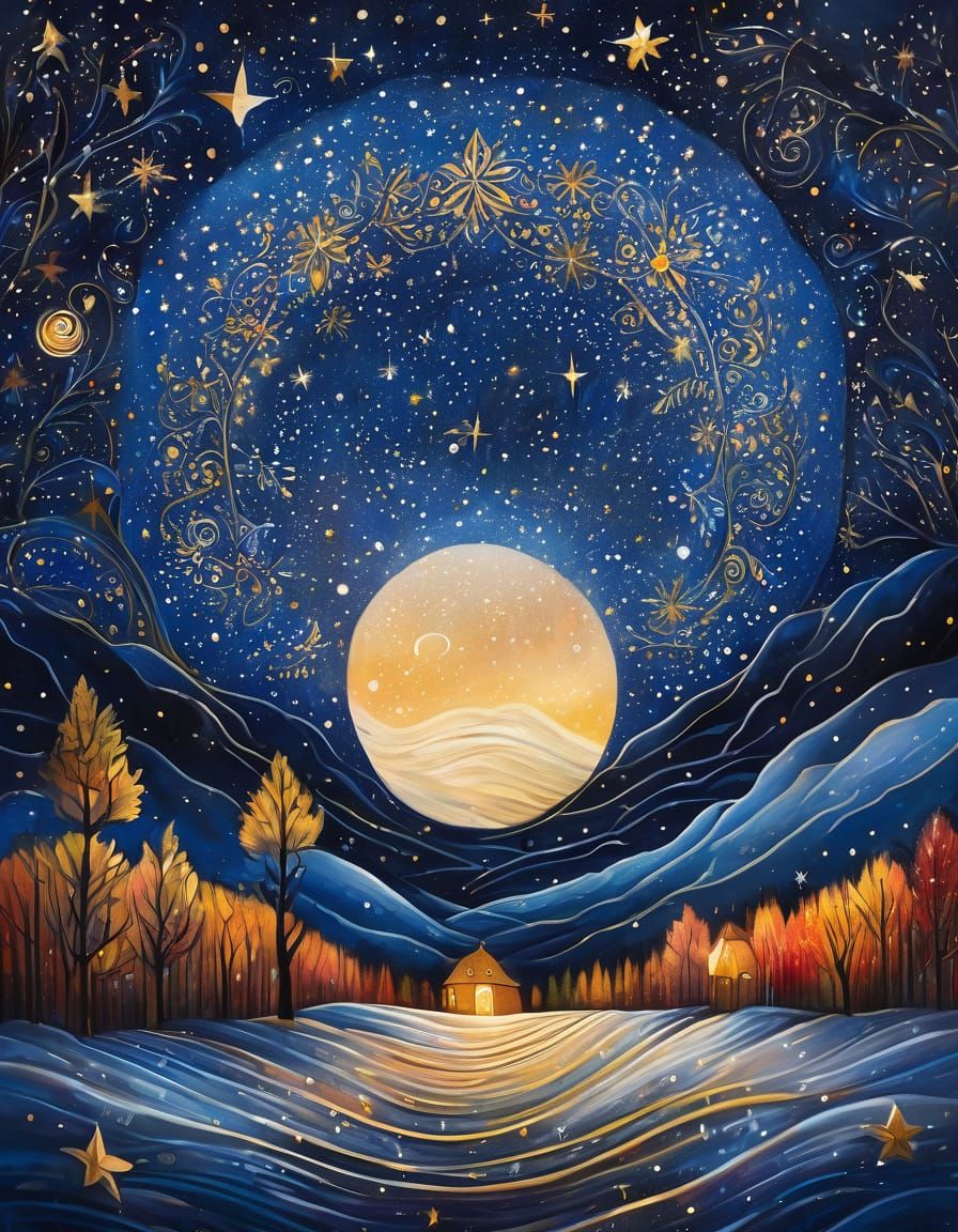 Beneath a tapestry of night so grand,
A golden moon whispers to the sleeping land.
Stars weave secrets in a celestial da...