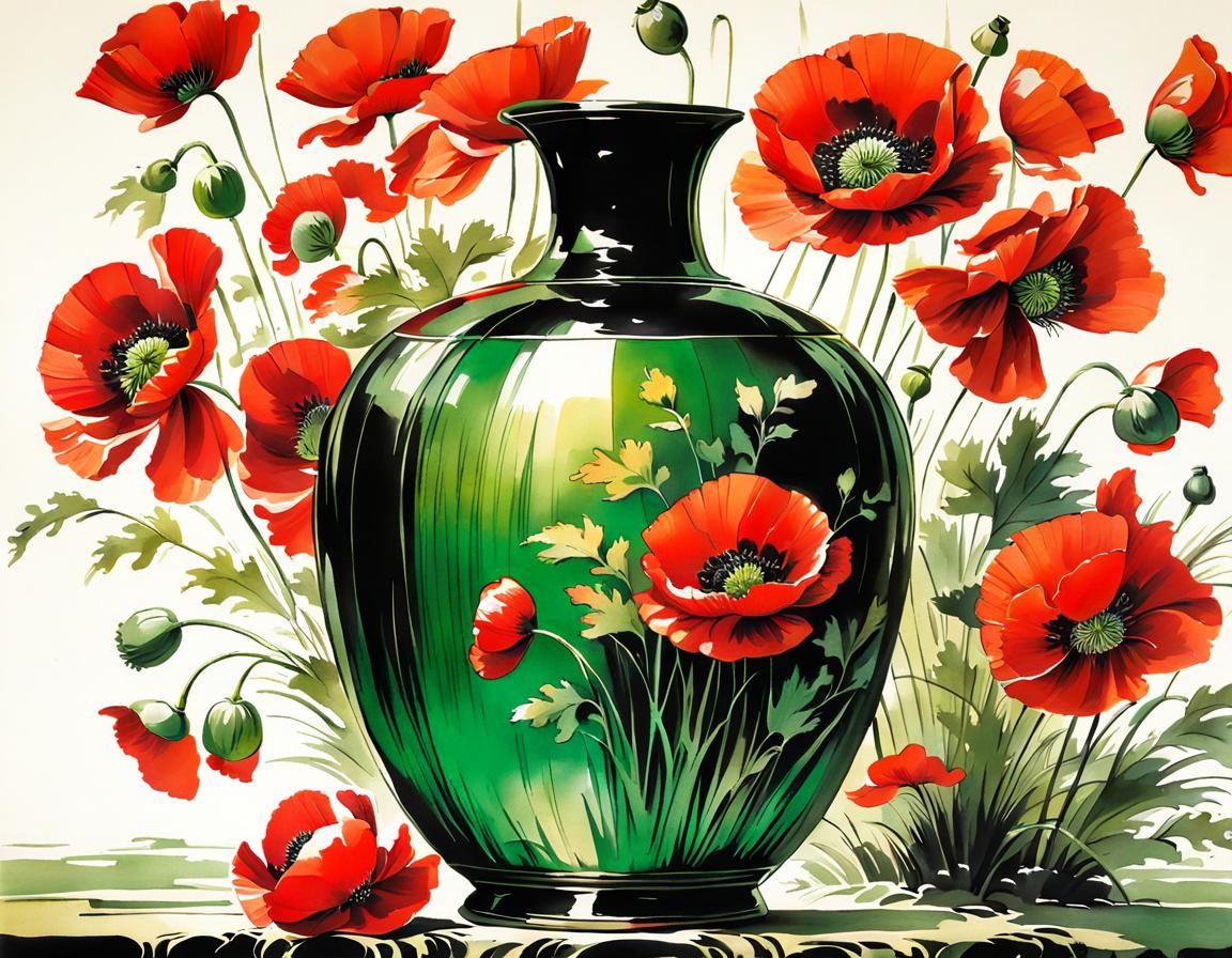 (chinese ink painting:1.5), red poppies in a green glass vas...