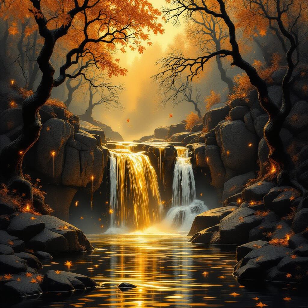 A surreal interpretation of an autumn waterfall, where the water appears to be made of liquid gold and the surrounding rocks are carved into...