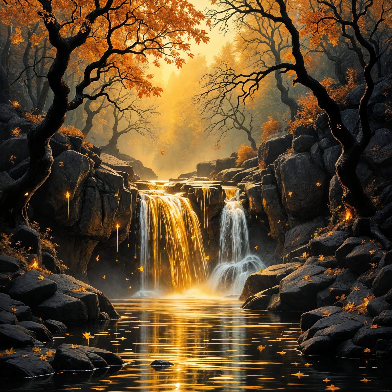 A surreal interpretation of an autumn waterfall, where the water appears to be made of liquid gold and ...  by @P S