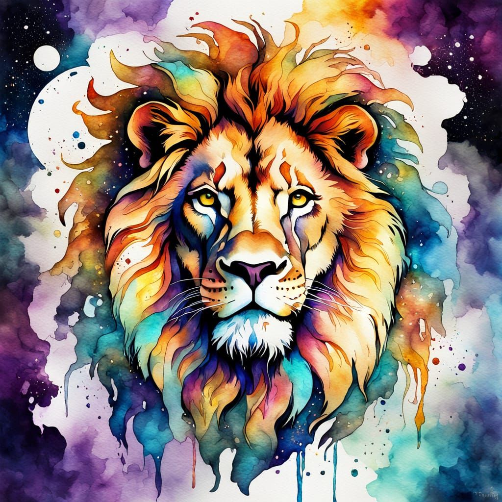 An image rendered in watercolor and alcohol ink of a beautiful lion, regal, magnificent, beautiful composition, split-co...