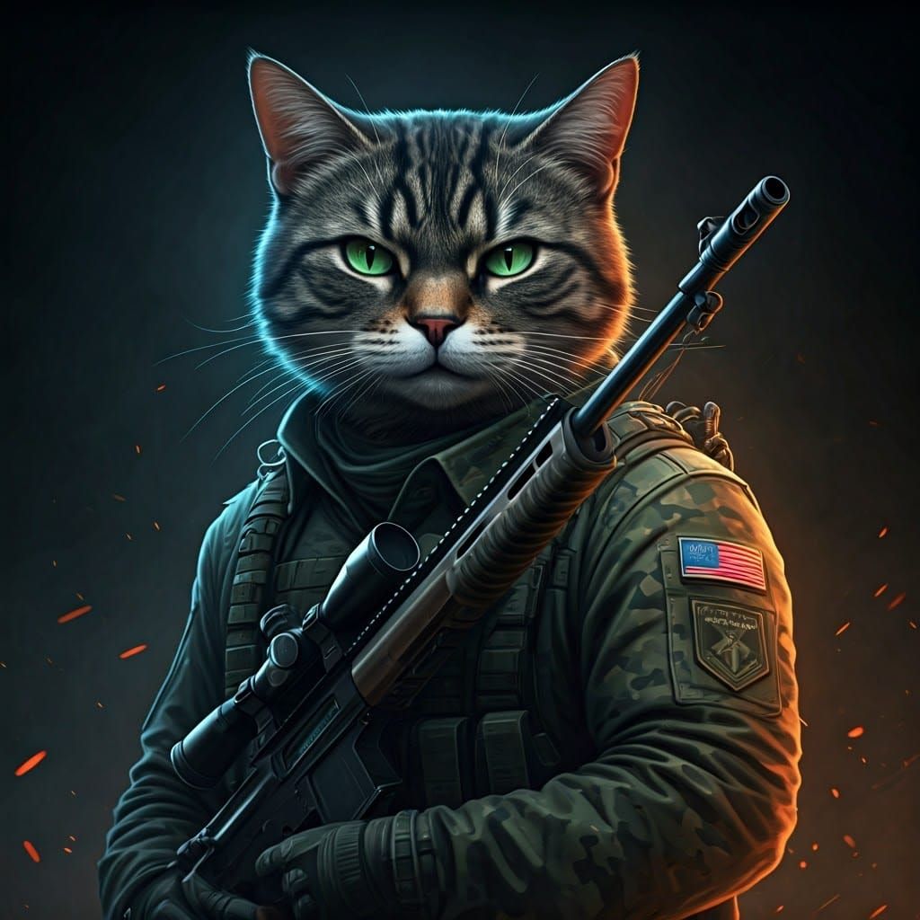 Cat Sniper in Military Attire: Stylized Cinematic Art
