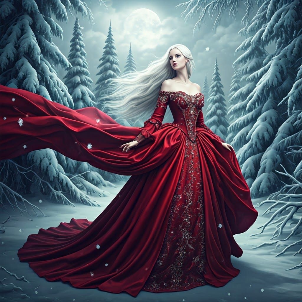 Elegant Woman in Crimson Gown Amidst Winter Forest in Hyperr...