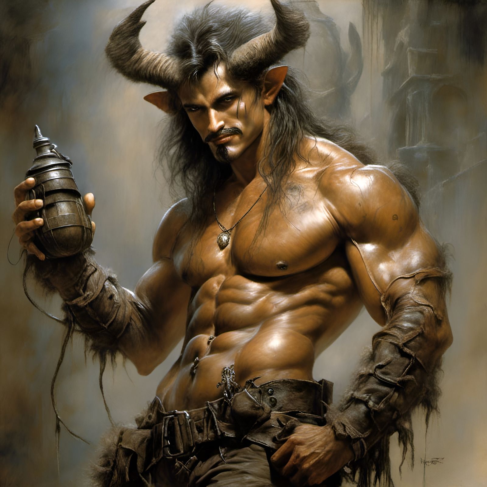 Handsome small muscular faun wih opened leather jacket holding a grenade! moustache ! By Luis Royo, Frank Frazetta, Julie Bell, Nick Alm, Bo...