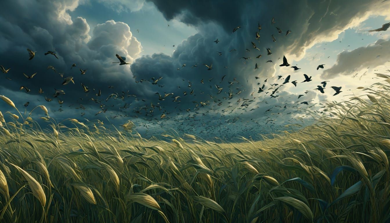 A whimsical and fantastical scene unfolds beneath stormy, swirling clouds over a vast tall grass field teeming with bird...