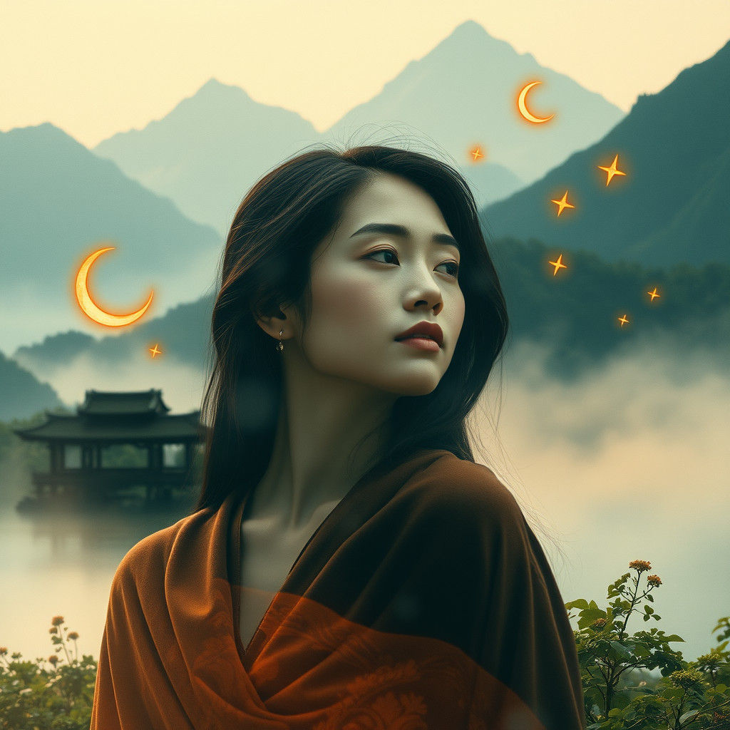 Serene Woman Surrounded by Misty Mountains in Earthy Tones