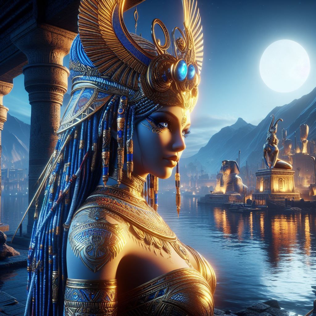 Egyptian Goddess in front of an egyptian lake