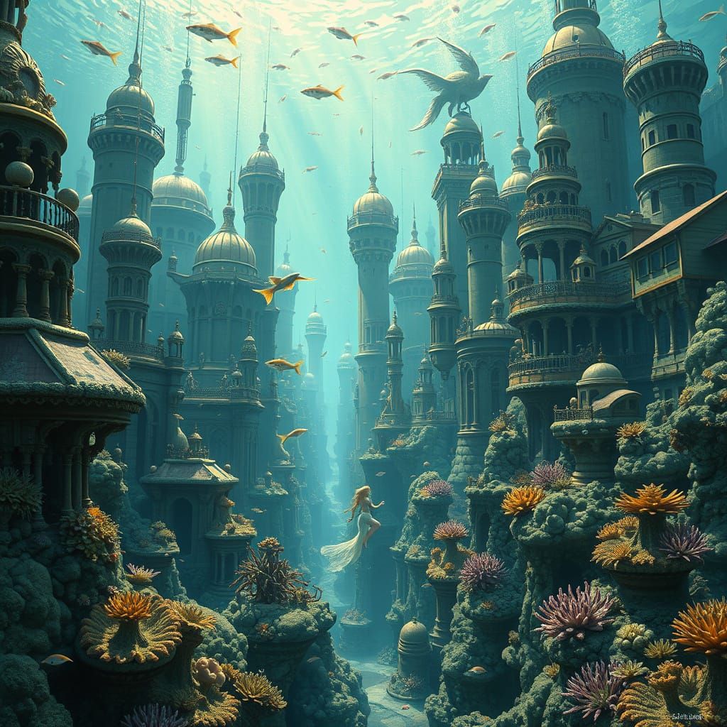 a surreal underwater city.