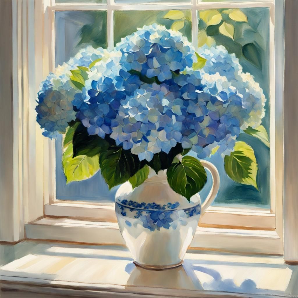 A bouquet of Blue Hydrangeas, in a white vase, sitting in a ...