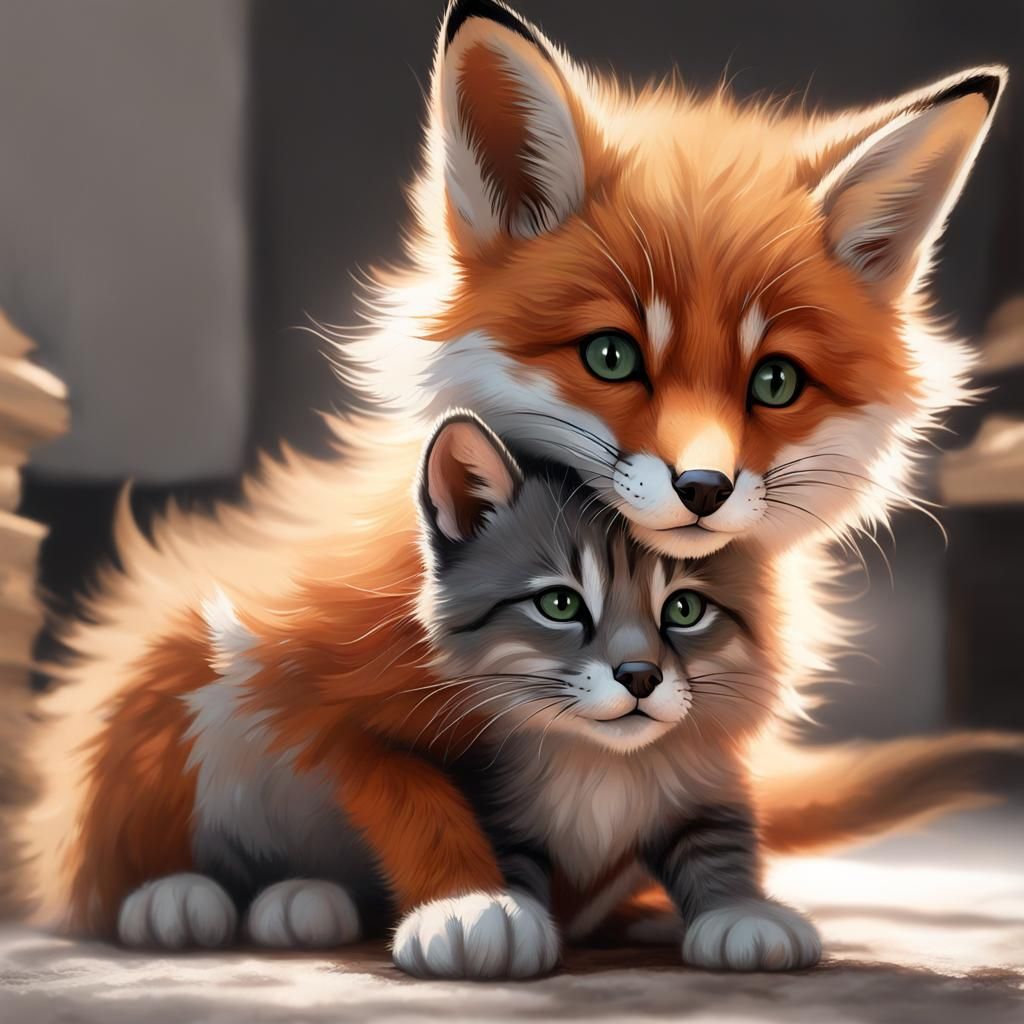 Red fox pup playing with a light gray cute baby tabby kitten