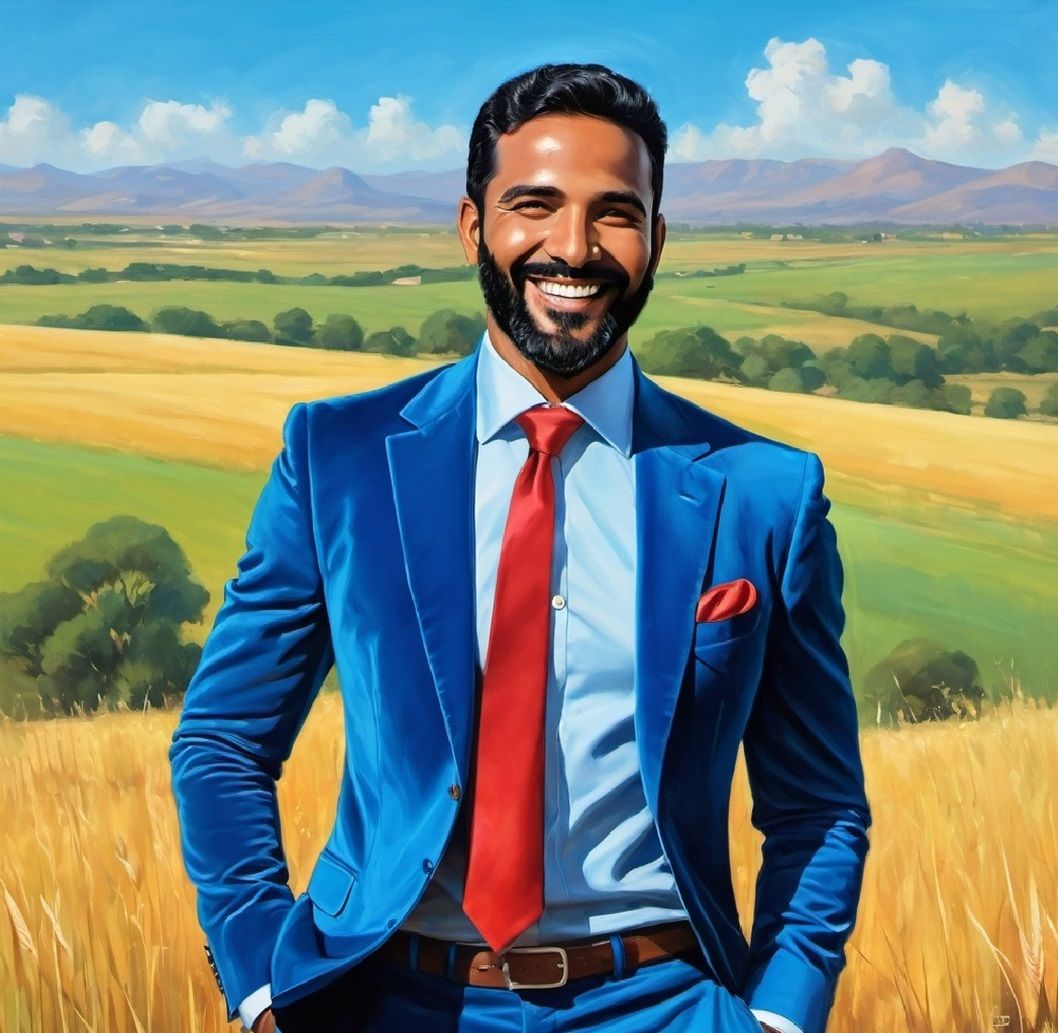 A cheerful black-bearded man wearing a blue velvet suit