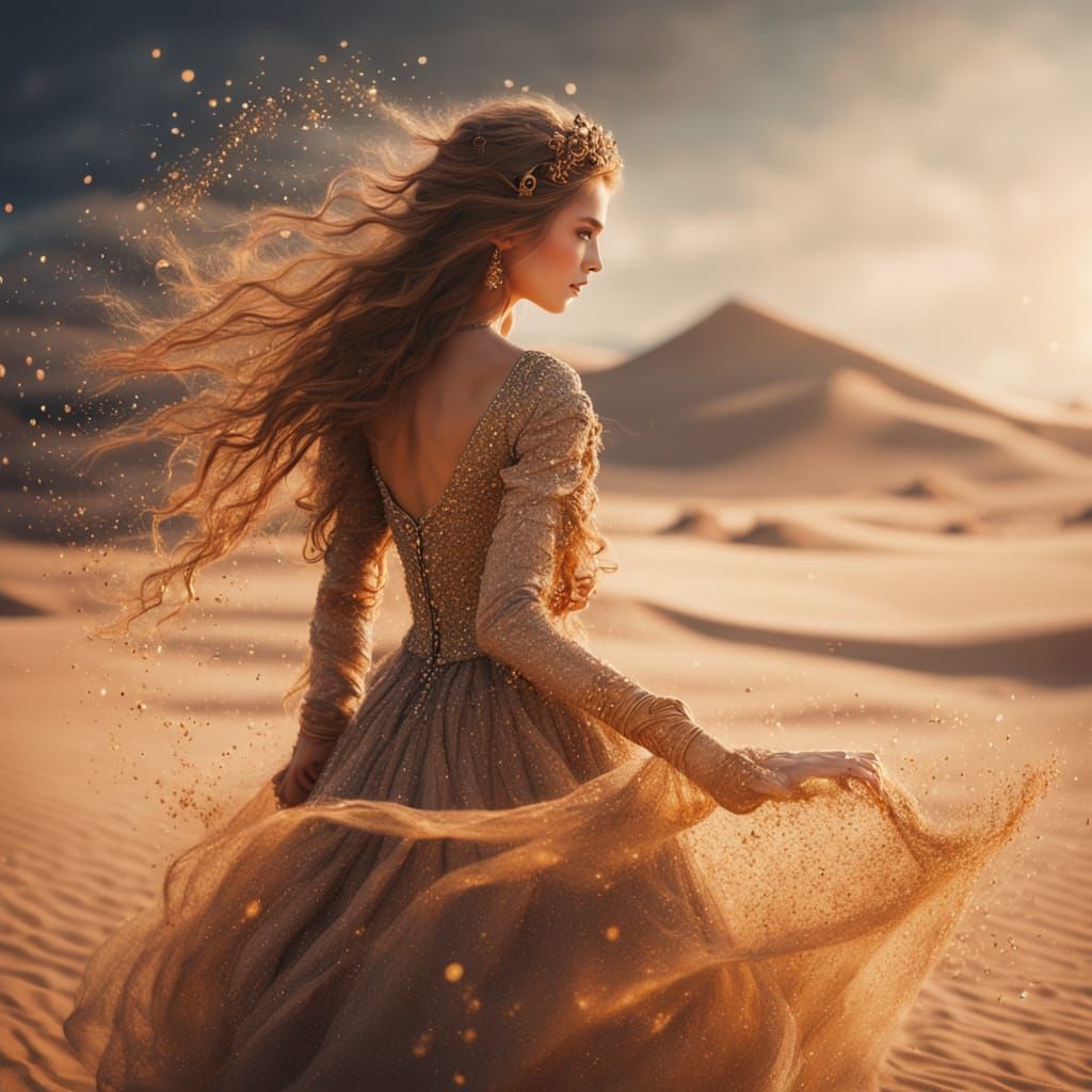 the silhouette of a desert princess in a fantastical dress, formed from swirling sand dust, illuminated ...  by @Barabashka