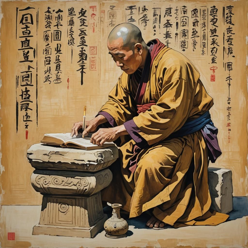chinese monk trying to copy egyptian hieroglyph in Gouache Style, Watercolor, Museum Epic Impressionist ...  by @Max LImax