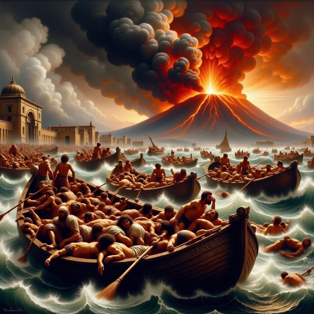 pompeii eruption escape. hyperdetailed academic art oil painting romantic movement eruption art; Vesuvius volcano erupting violently in the...