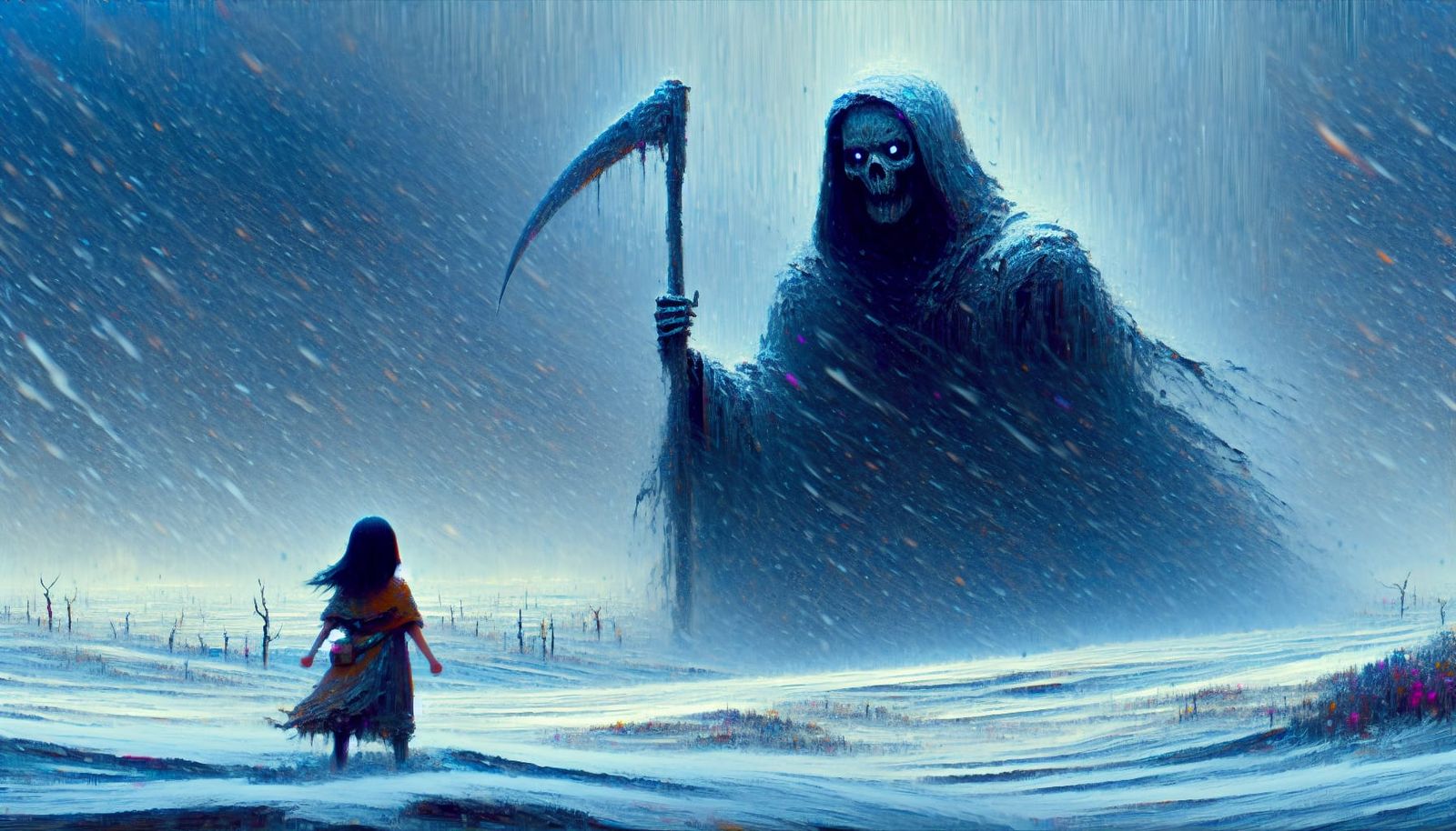 Girl Meets Grim Reaper in Snowy Fantasy Landscape