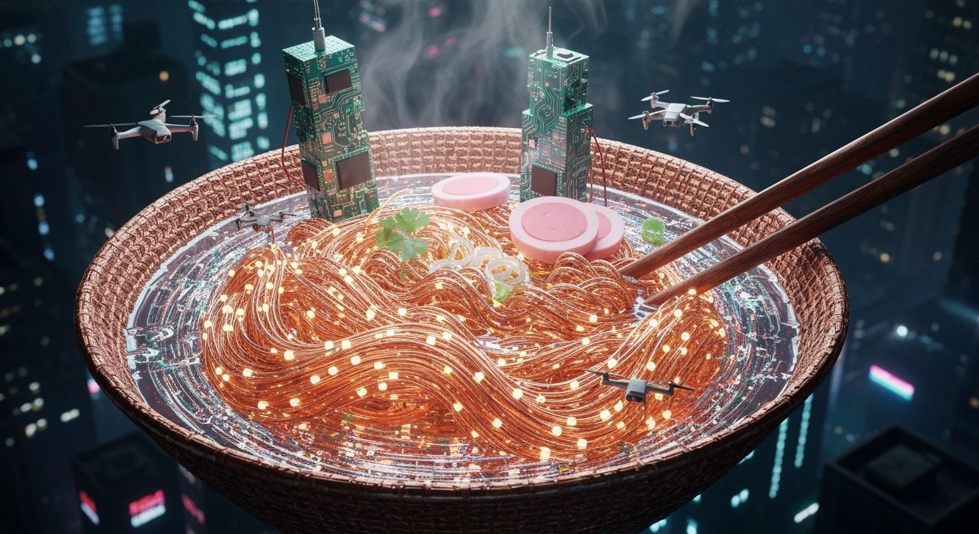 A steaming bowl of ramen noodles made entirely of woven copper wires and glowing fiber optics, set against ...  by @dmaster1968
