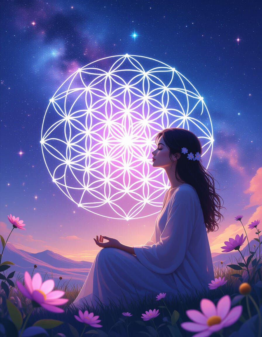 Woman Contemplating Flower of Life in Starry Cosmos
